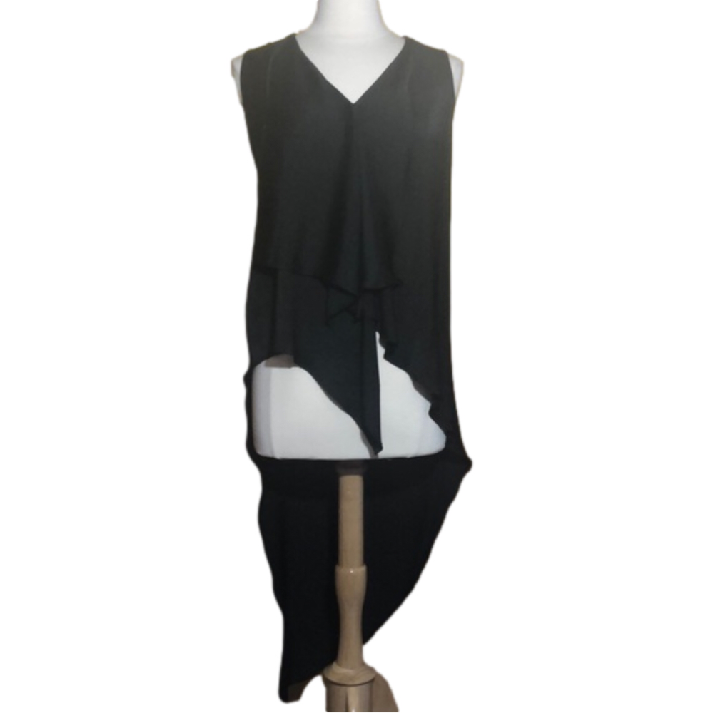 BCBG Black satin ruffle Cyprien draped hi low asymmetrical v-neck tank Size XXS